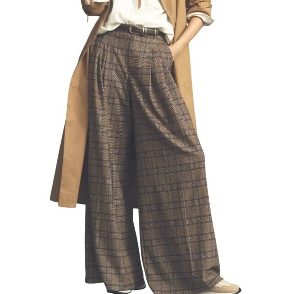 Anthropologie Maeve Womens XL Brown Plaid Pleated Wide Leg Trousers